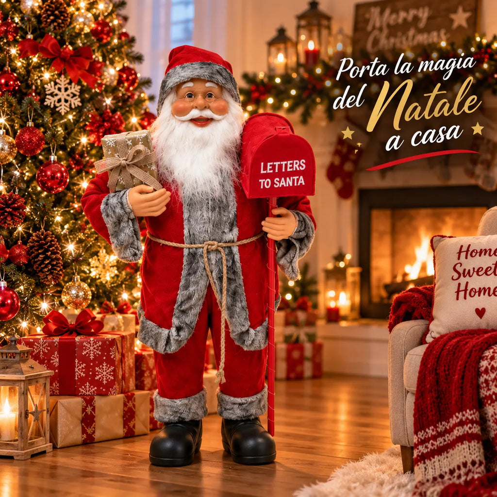 Babbo Natale rosso con casetta postale “LETTERS TO SANTA” e regali, decorazione natalizia