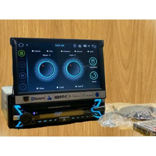 Autoradio 1 din con schermo 7" touch su supporto, controlli audio e display