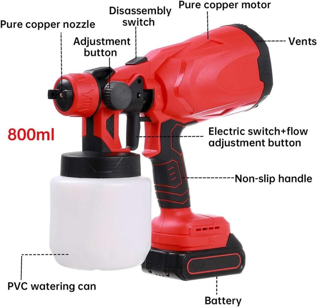 Pistola a spruzzo a batteria rossa con serbatoio bianco da 800 ml e impugnatura antiscivolo