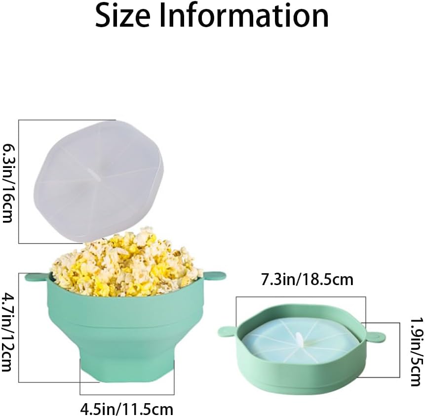 Ciotola pieghevole in silicone verde con coperchio trasparente e popcorn