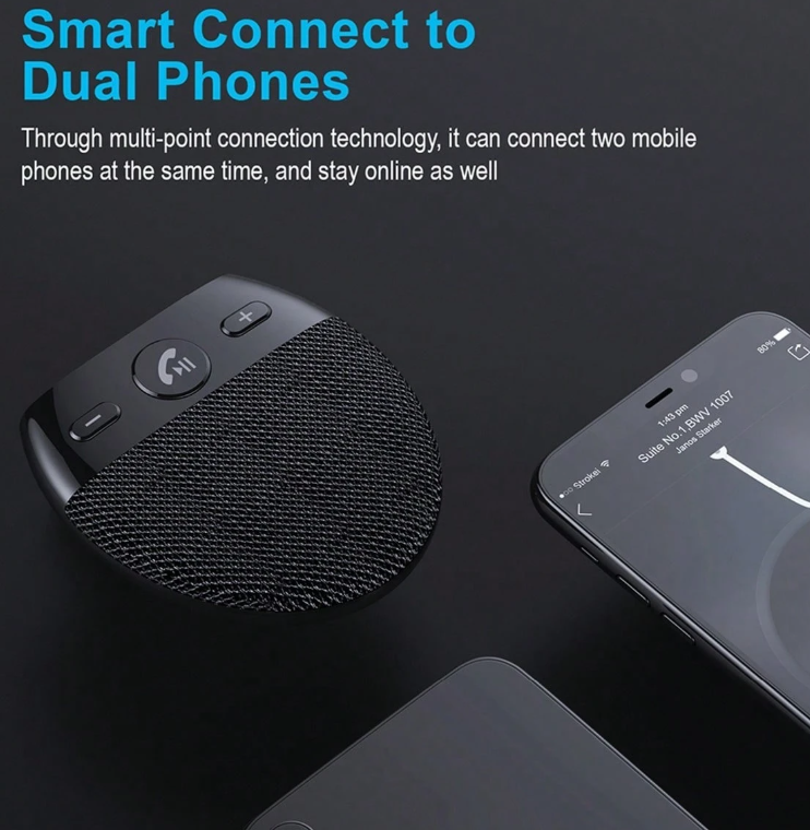 Altoparlante vivavoce Bluetooth auto nero con tasti e profilo curvo