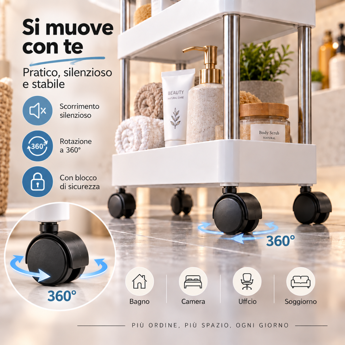 Carrello portaoggetti bianco: ruote nere girevoli e base stabile, 4 ripiani