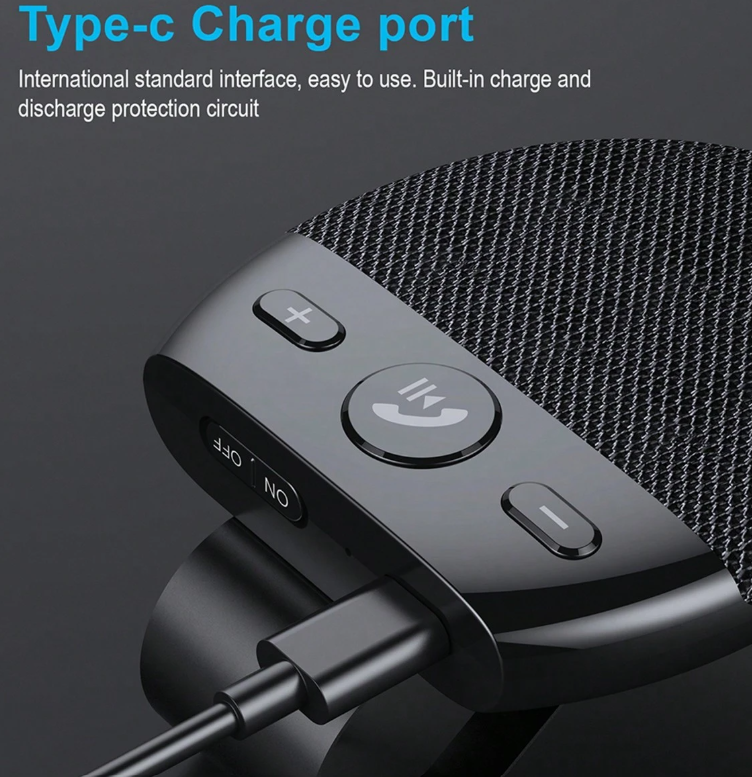Altoparlante vivavoce Bluetooth auto: porta Type‑C sul lato e tasti