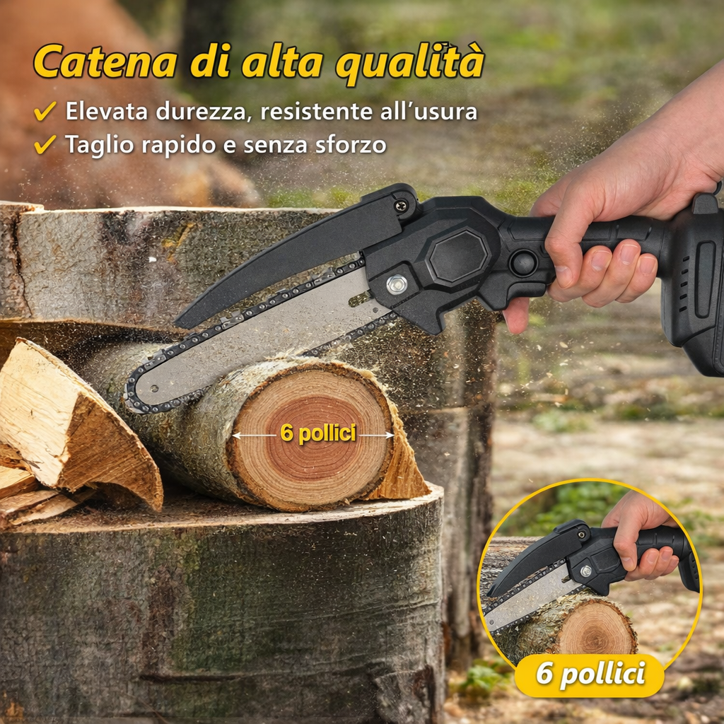Mini Motosega Elettrica Ricaricabile 48V 4+1 Catene 6” con 2 Batterie e Valigetta  – Sega Potatura Leggera per Giardino e Legna