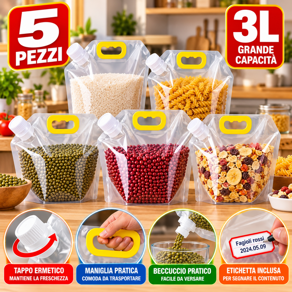 Set di 5 sacchetti trasparenti da 3 L con beccuccio e maniglia gialla, tappo ermetico