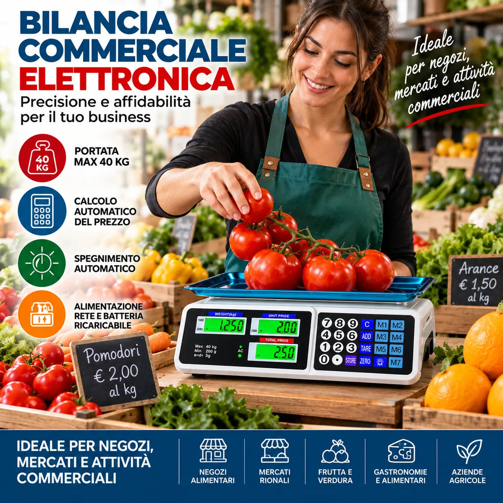 Bilancia elettronica commerciale con piano in acciaio inox e display LCD doppio