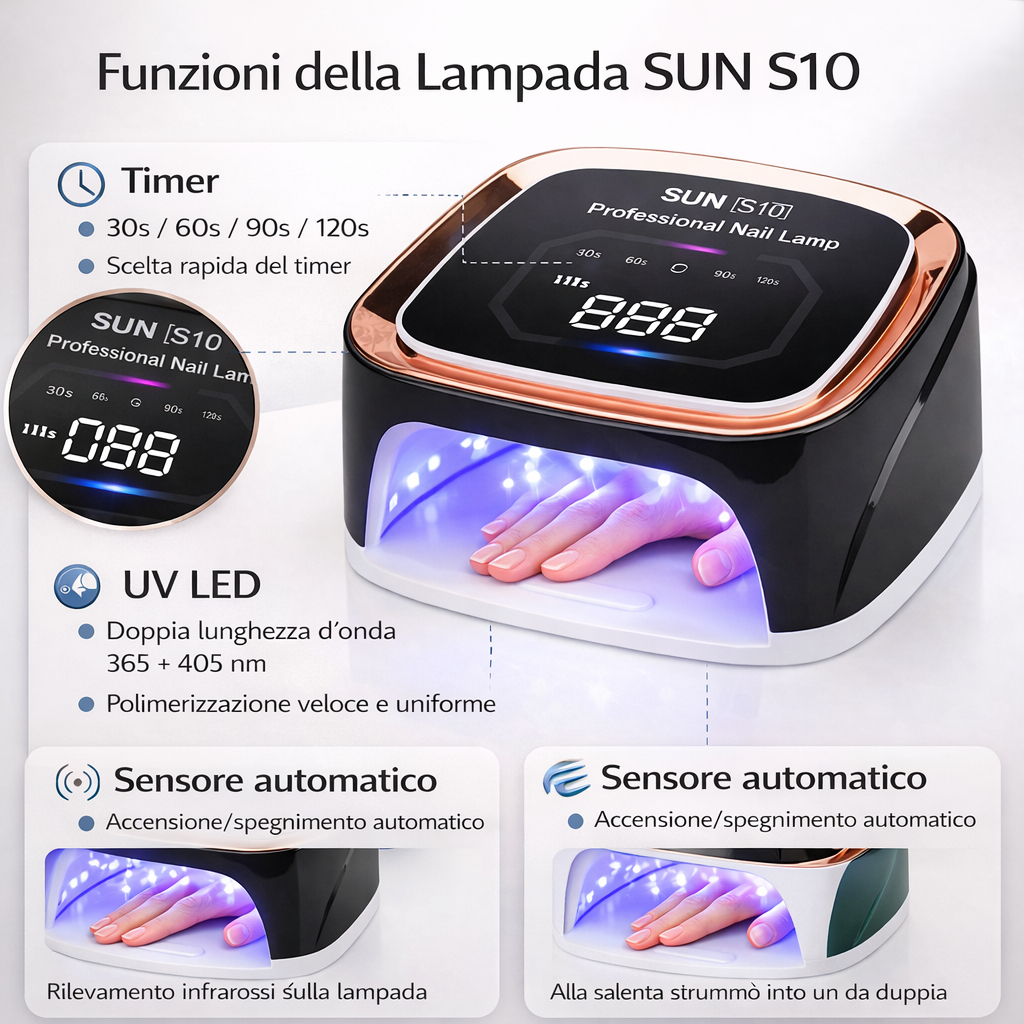 Lampada per unghie UV LED con display e timer; mano sotto la luce blu