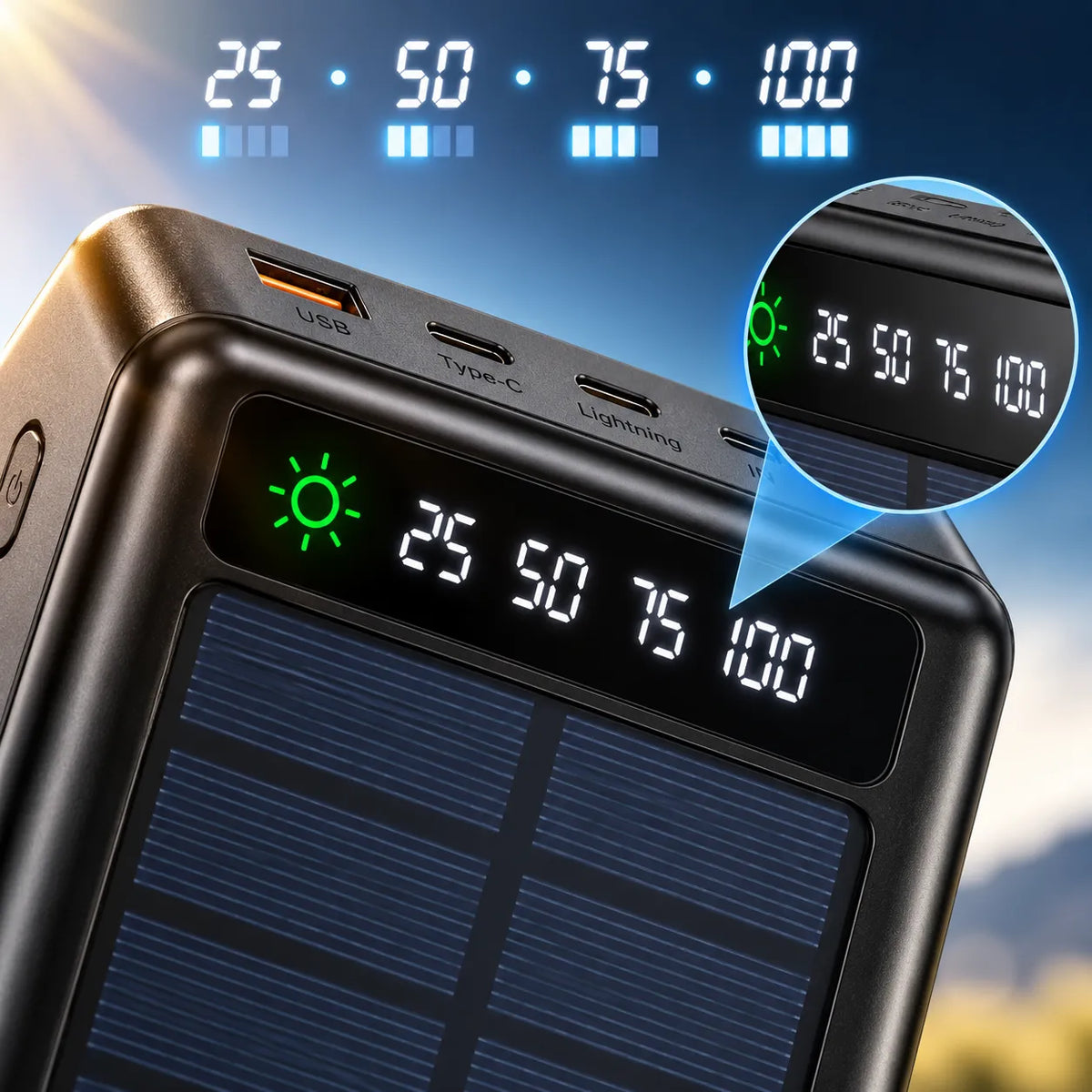 Power bank solare SKYLA SKY-2608 nero con pannello e display digitale con indicatori.