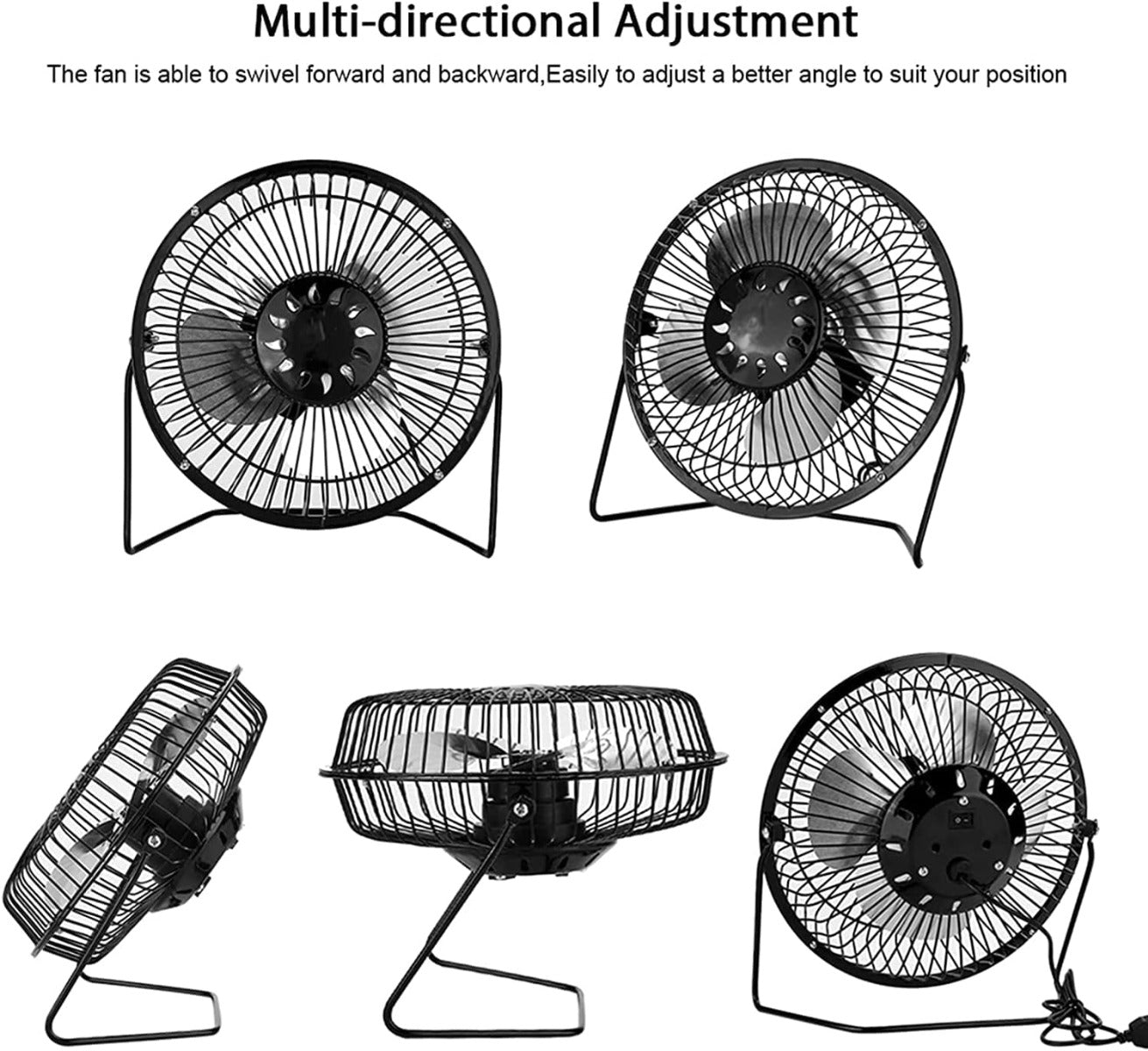 Mini ventilatore da tavolo metallico nero con griglia circolare e supporto regolabile.