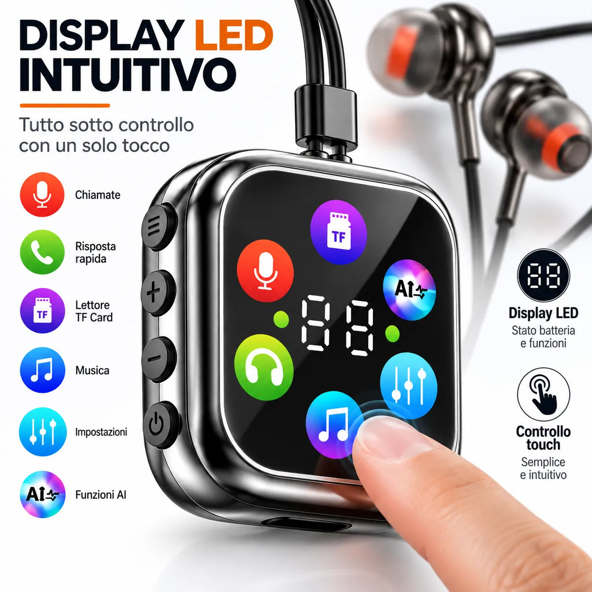 Auricolari Bluetooth con unità display LED touch, icone colorate e tasti laterali