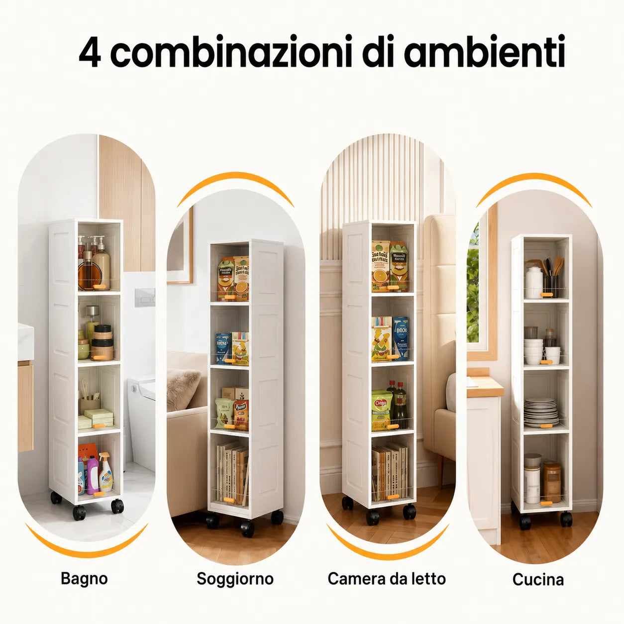 Scaffale stretto bianco a 4 ripiani su ruote con ante antipolvere