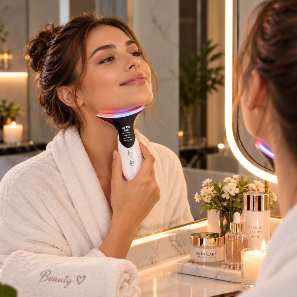 Massaggiatore viso e collo LED ricaricabile: testina curva in uso davanti allo specchio