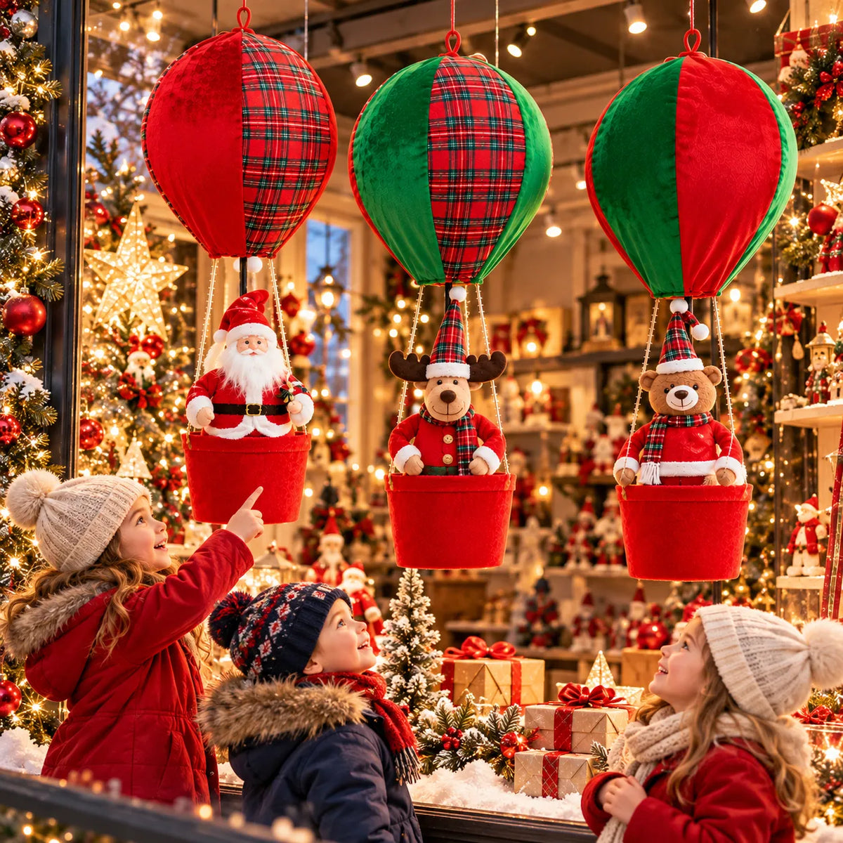 Decorazione natalizia da appendere: mongolfiere con Babbo, renna e orsetto