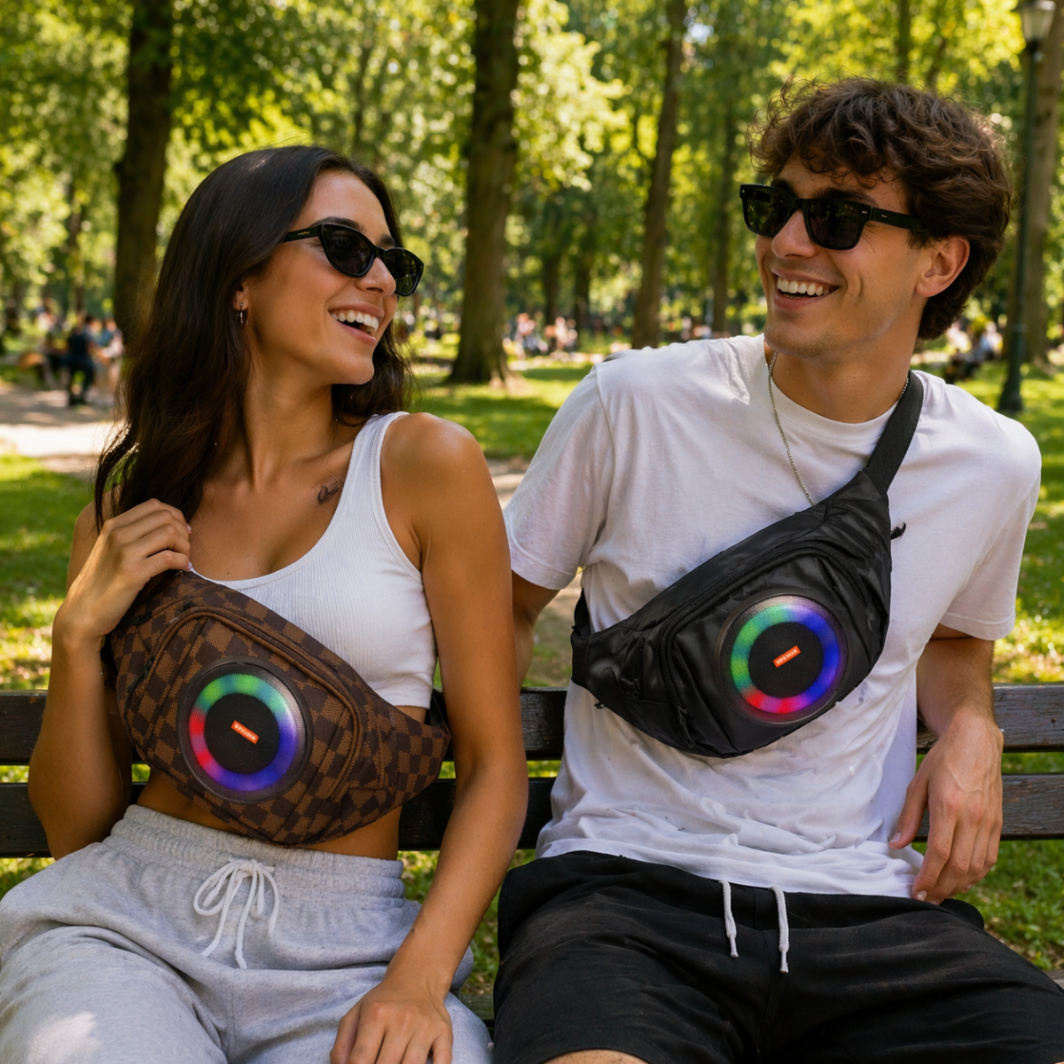 Marsupio con altoparlante Bluetooth RGB, uno marrone e uno nero, indossati di lato