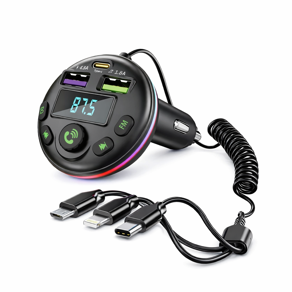 Trasmettitore FM Bluetooth per auto nero con display, pulsanti, porta USB e attacco accendisigari