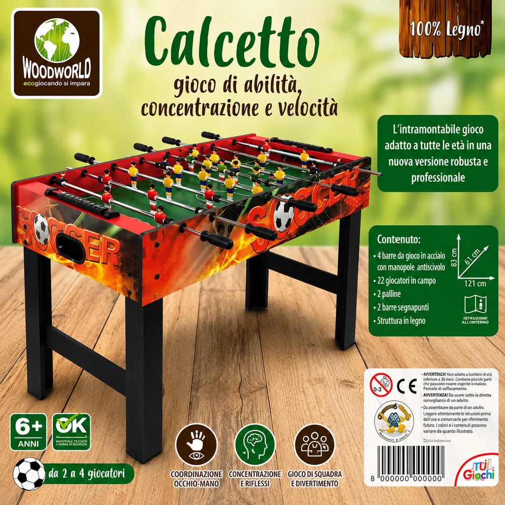 Scatola del calcetto balilla con tavolo rosso e campo verde in legno.