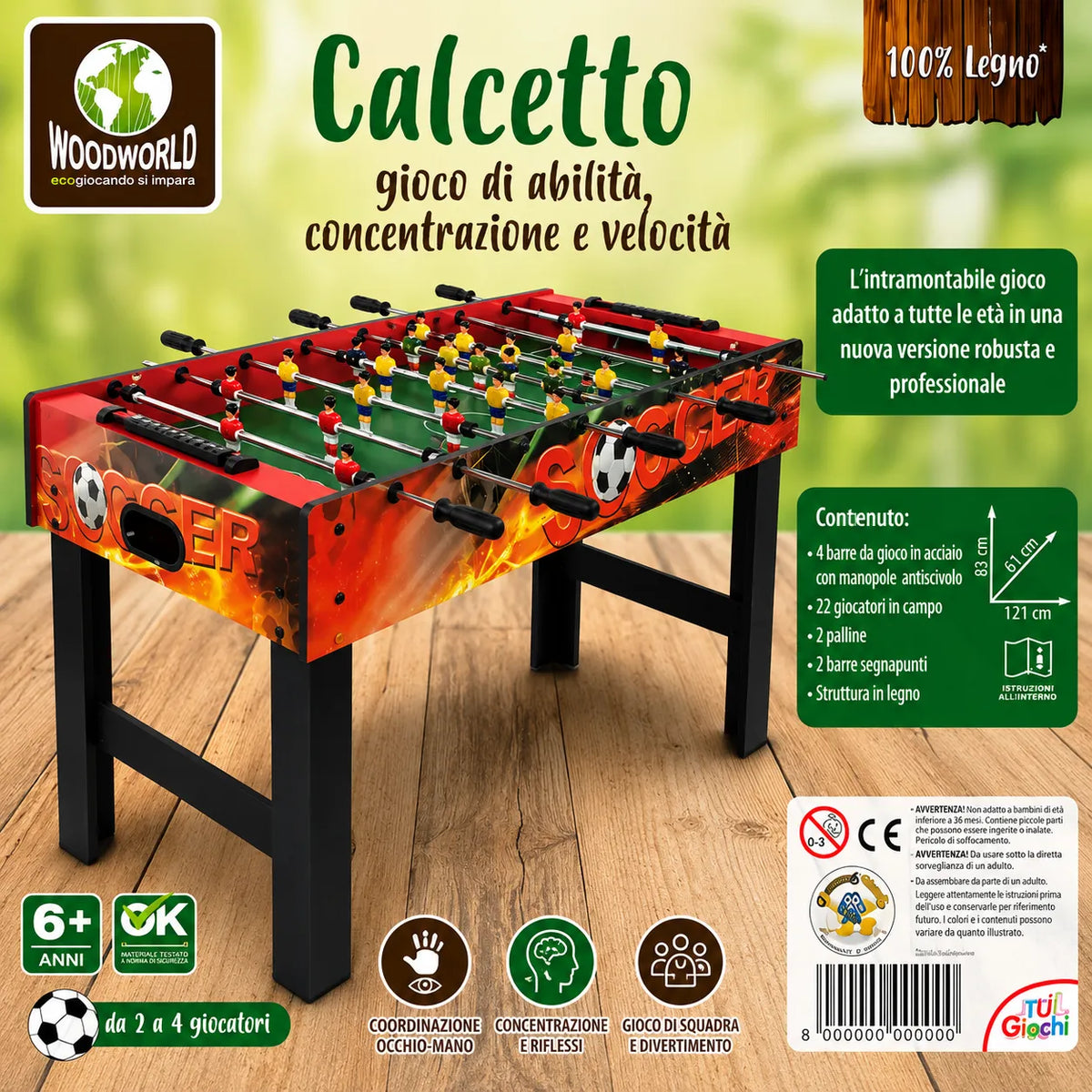 Scatola del calcetto balilla con tavolo rosso e campo verde in legno.