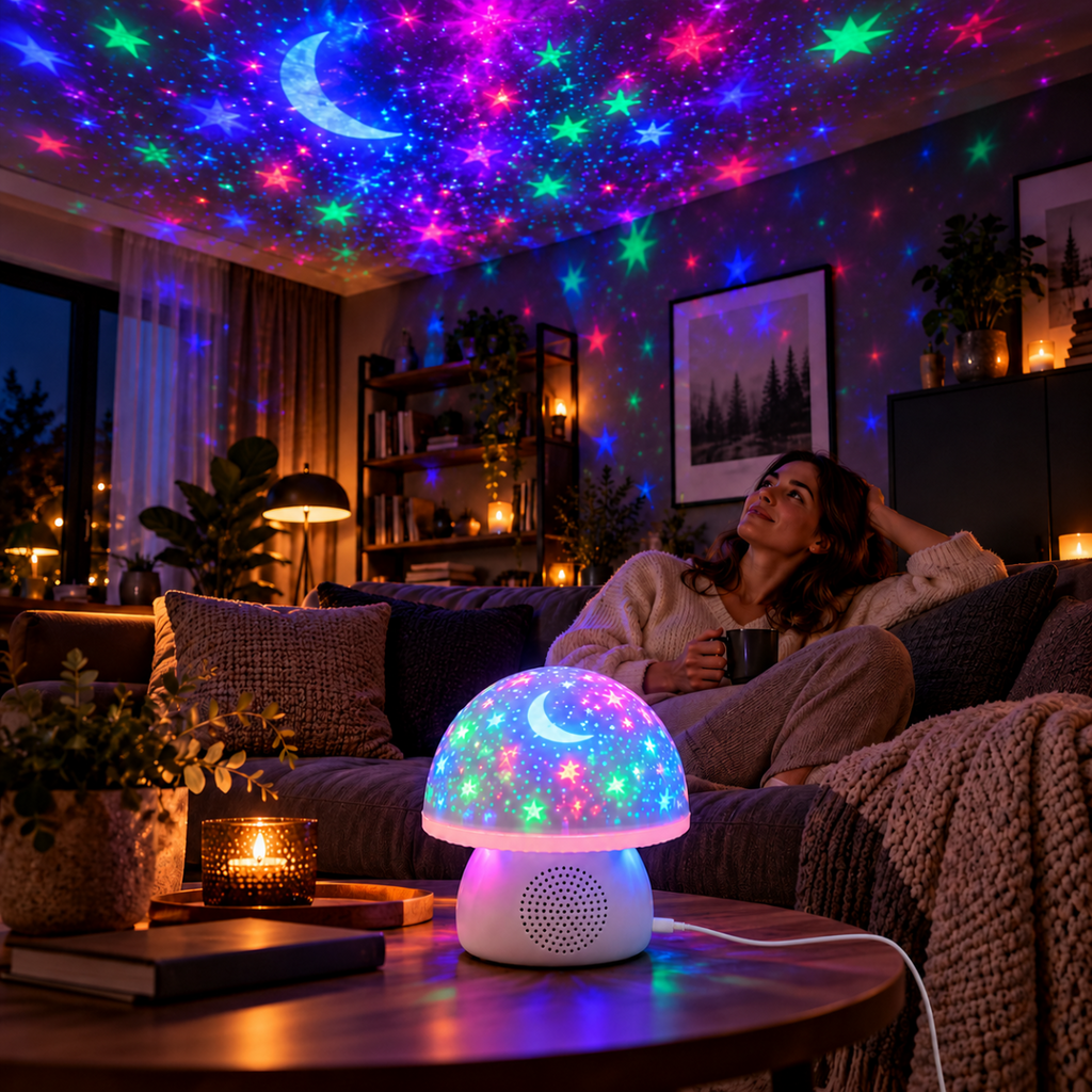 Proiettore LED stelle e luna RGB con altoparlante Bluetooth, lampada da tavolo su base bianca.