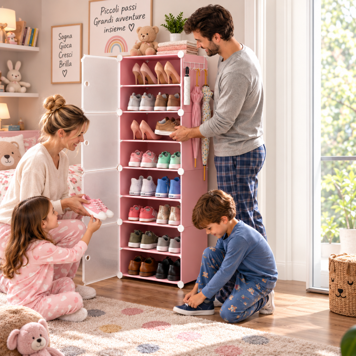Scarpiera rosa con ante semitrasparenti, 8 ripiani per scarpe e ganci laterali.