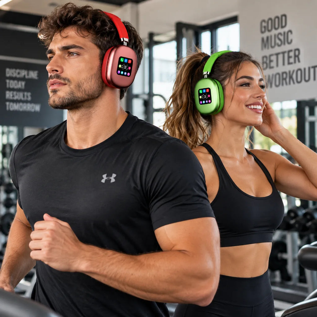 Cuffie wireless over-ear azzurre con display LED acceso sui pad