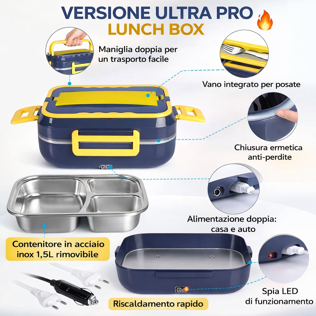 Scaldavivande elettrico blu e giallo con contenitori in acciaio inox rimovibili e cavi