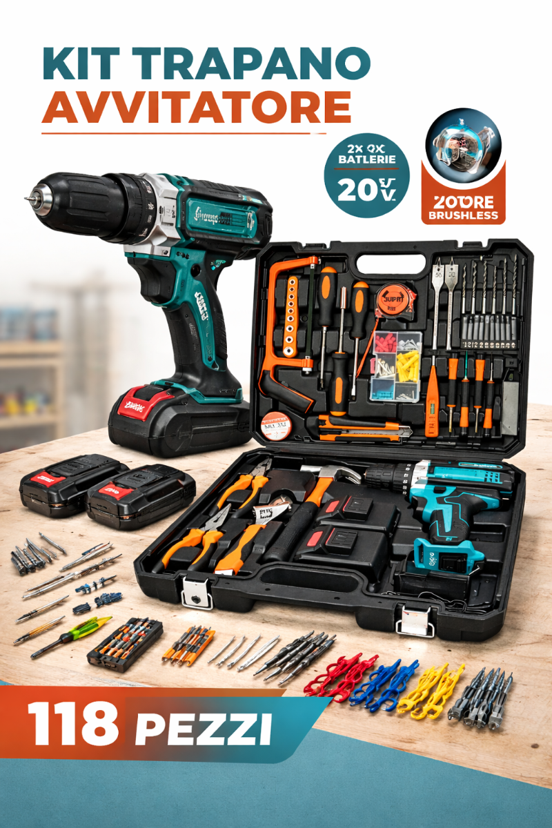 Valigetta attrezzi con trapano avvitatore brushless a batteria e set di accessori