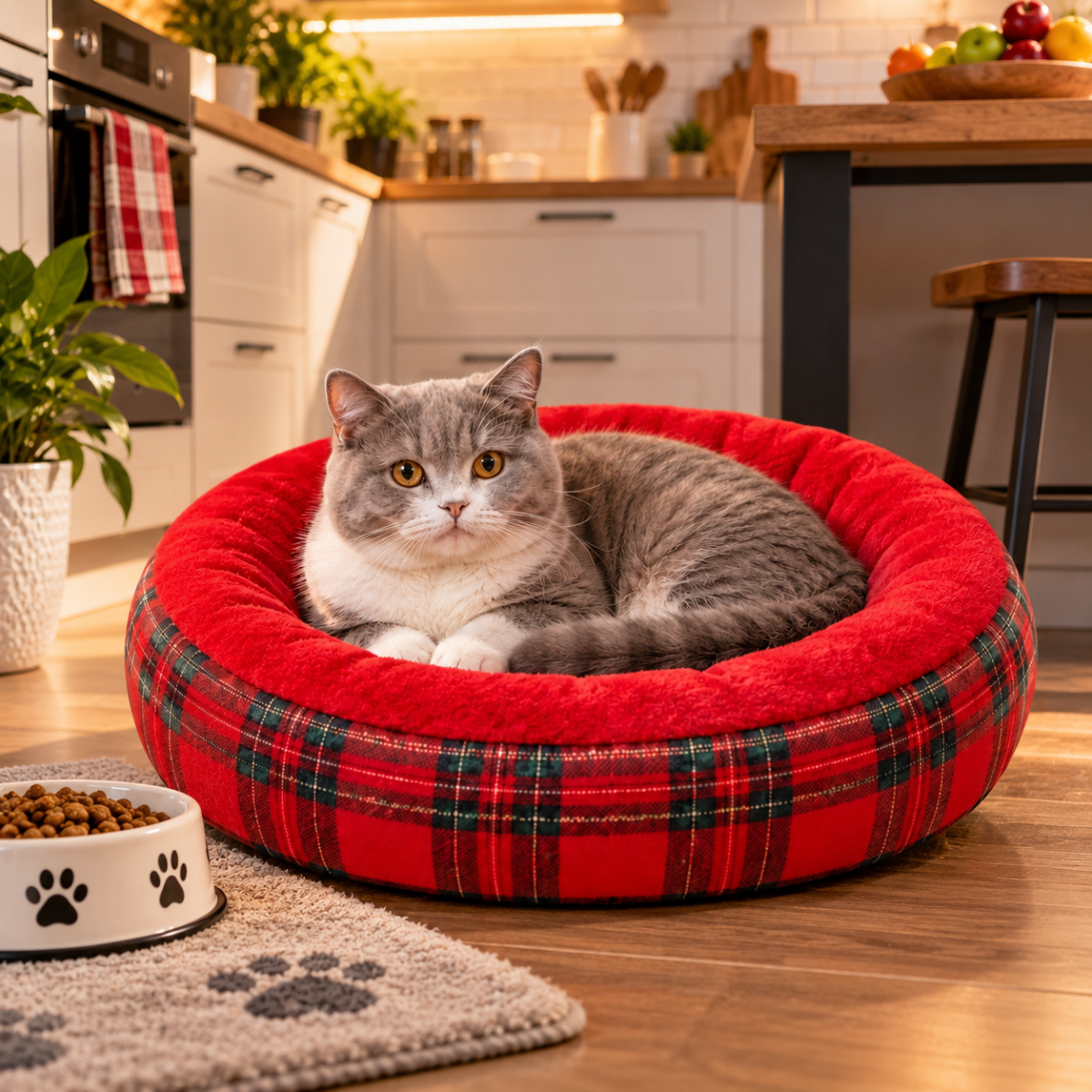 Cuccia rotonda per gatti e cani, imbottita rossa, tartan verde-nero sul bordo