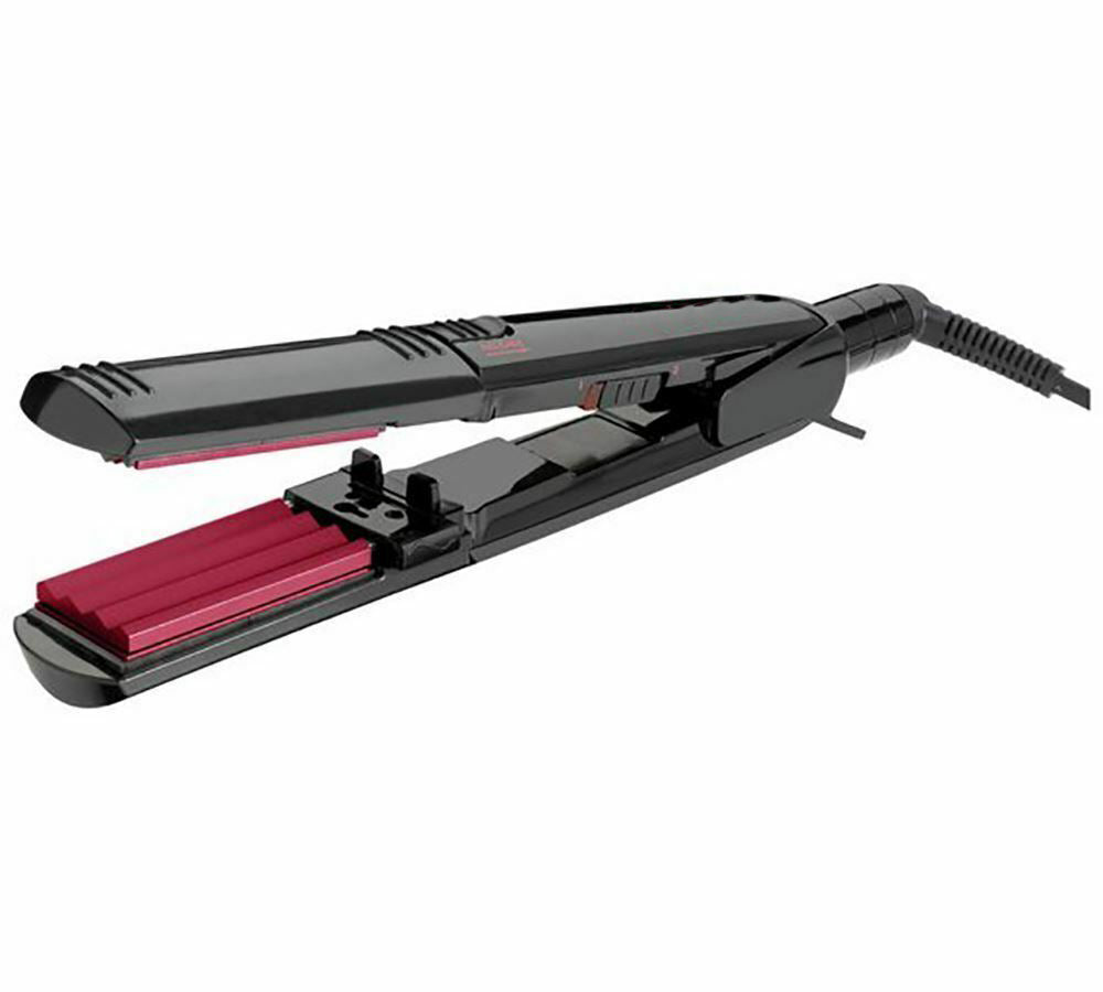 Piastra per capelli in ceramica rosso bordeaux con piastre nere e supporto