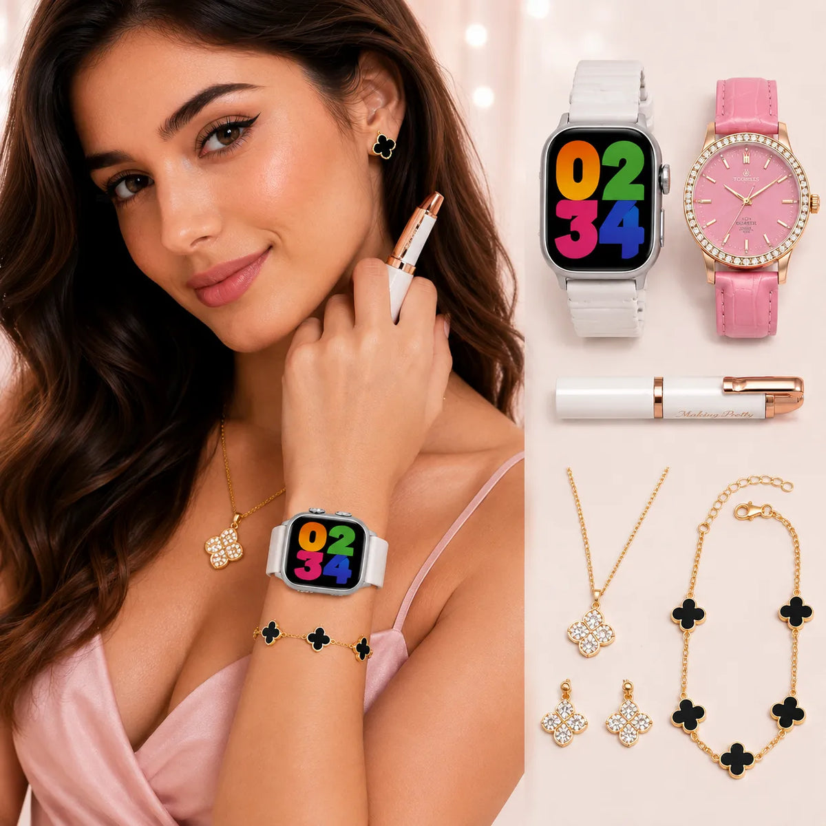 Set smartwatch con cinturino rosa: orologio analogico, rossetto e collana gioiello