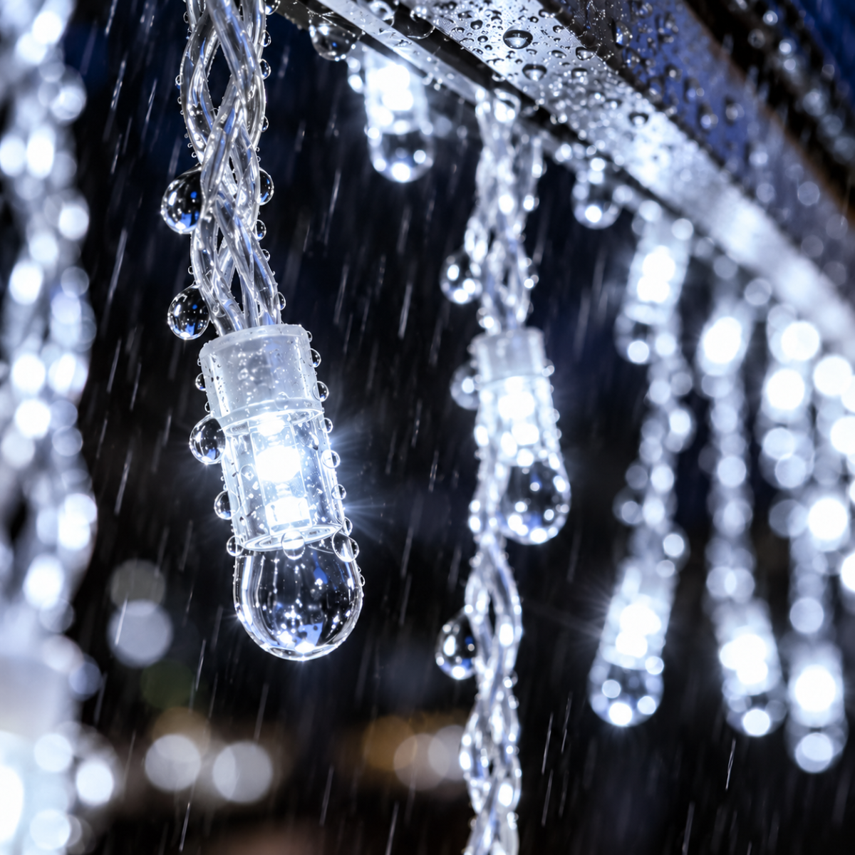Tenda luminosa a gocce con fili LED e capsule luminose bianco freddo