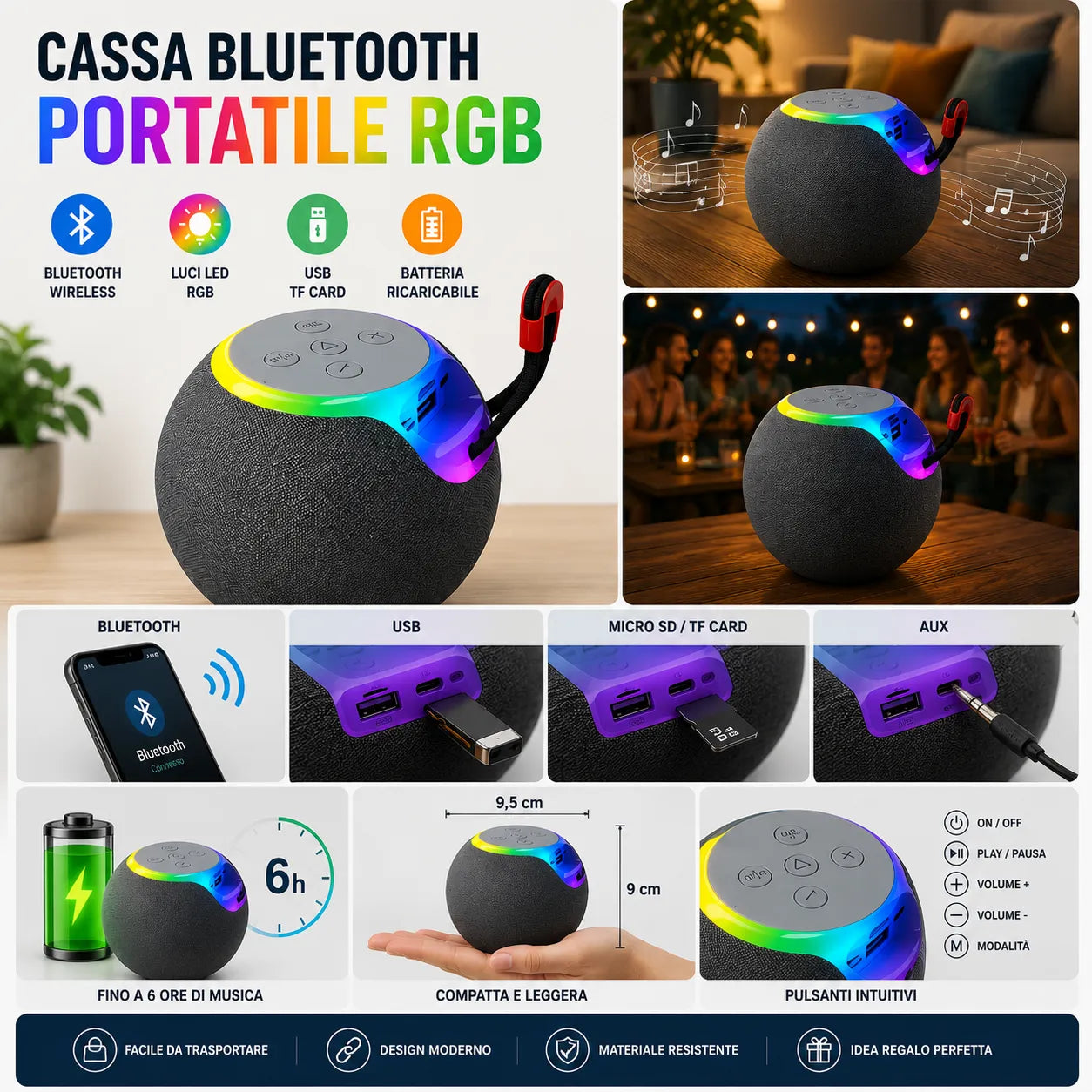 Cassa Bluetooth portatile grigia con luci RGB multicolore e porte USB, TF card e AUX