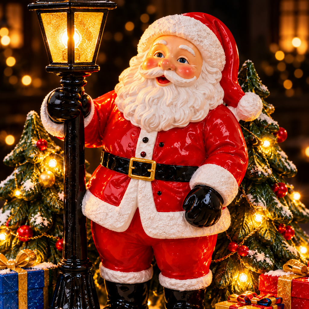 Decorazione natalizia Babbo Natale rosso su base con albero di Natale illuminato LED