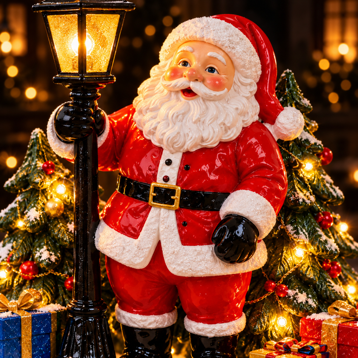 Decorazione natalizia Babbo Natale rosso su base con albero di Natale illuminato LED