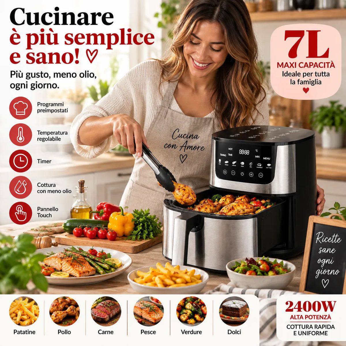 Friggitrice ad aria digitale 7L con cestello aperto e cibo nel cestello