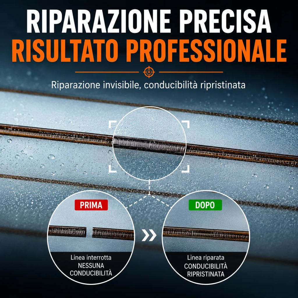 Riparazione linee griglia sbrinatore su lunotto: conduttività ripristinata, prima e dopo