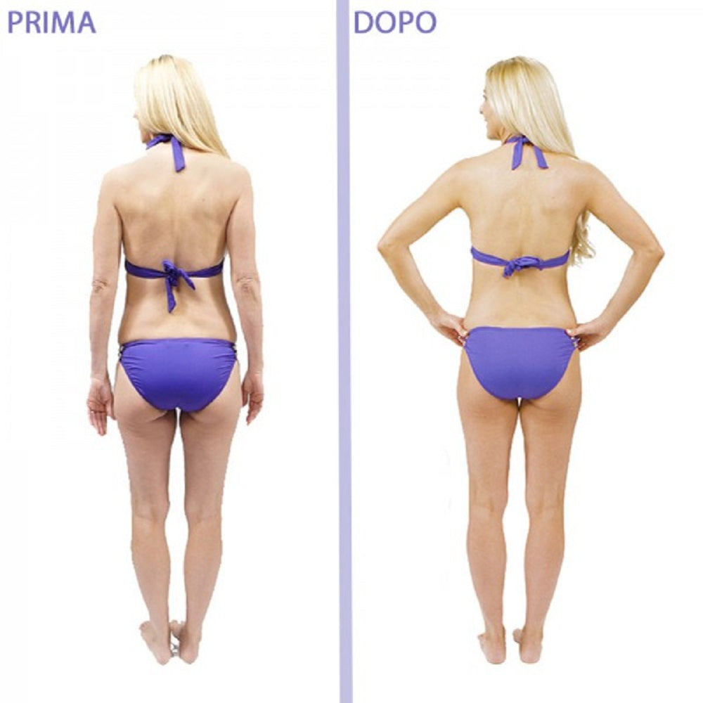 Spazzola esfoliante 4 in 1: PRIMA e DOPO su pelle con costume viola a fiocco