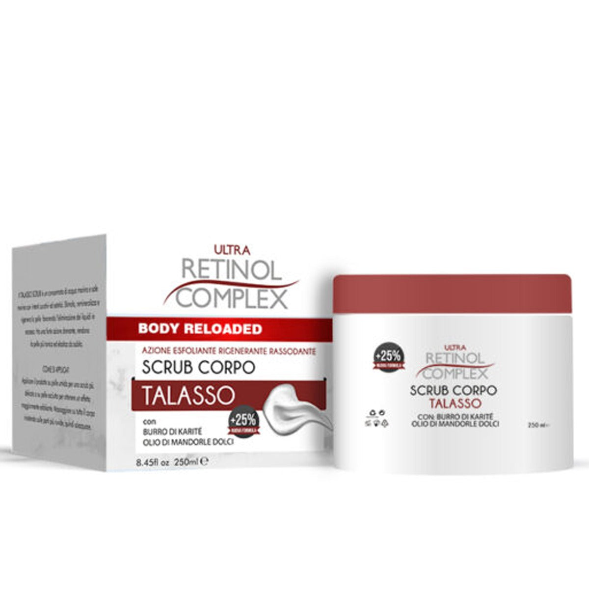 Scrub corpo Talasso Ultra Retinol Complex in vasetto da 250 ml, con coperchio rosso