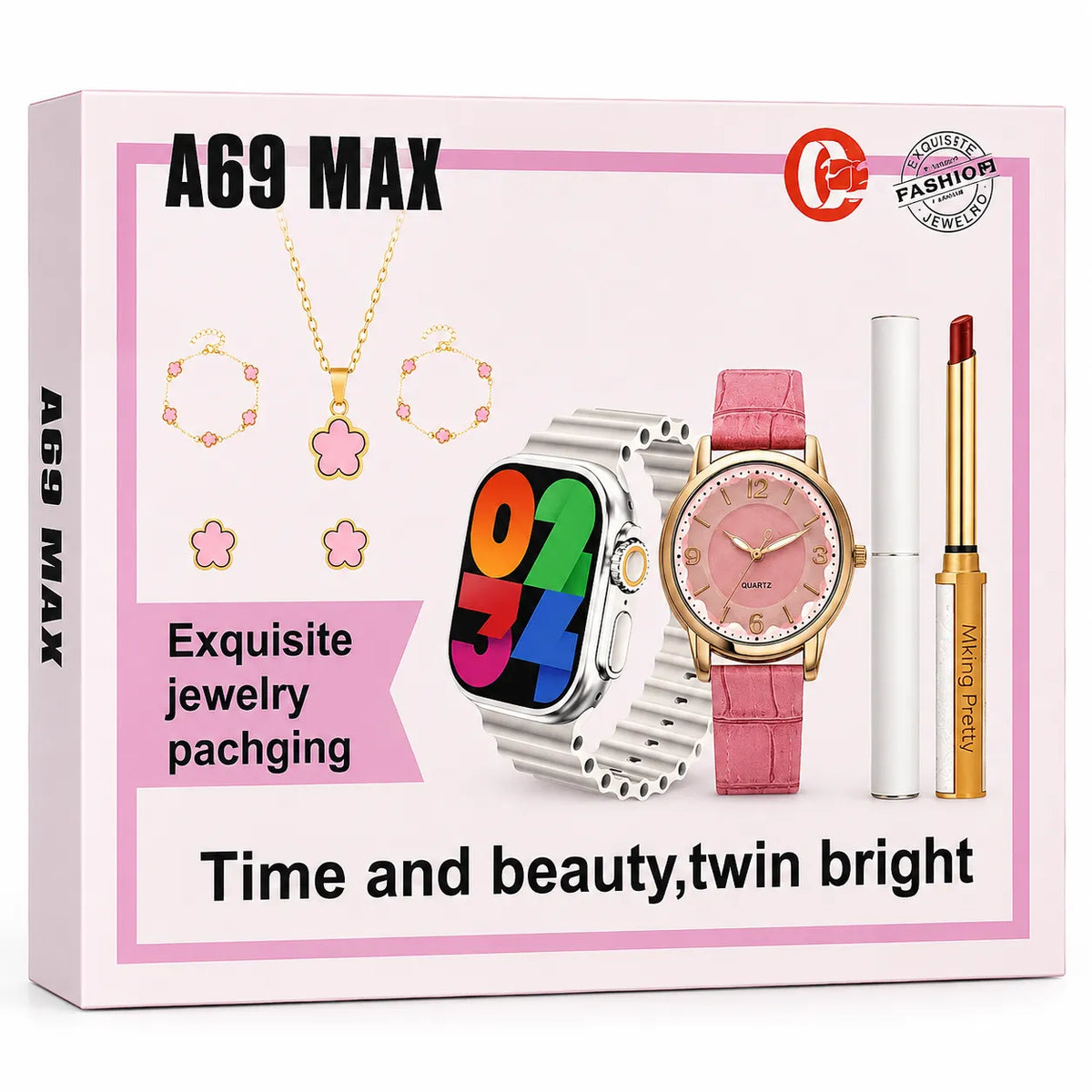 Scatola set regalo smartwatch: orologio analogico rosa, smartwatch e accessori beauty