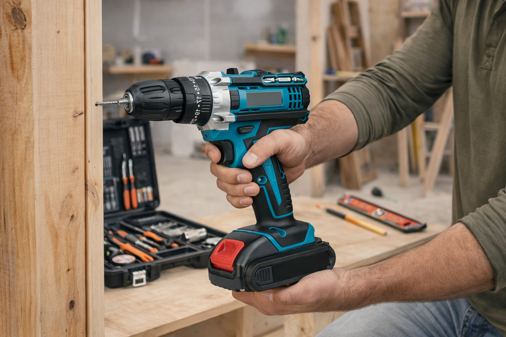 Trapano avvitatore a batteria blu/nero in mano, in uso su pannello di legno