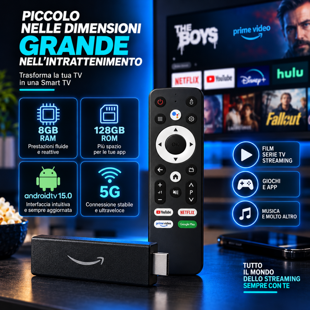 Smart TV stick HDMI con telecomando nero e base, indicatore 5G e Android 15