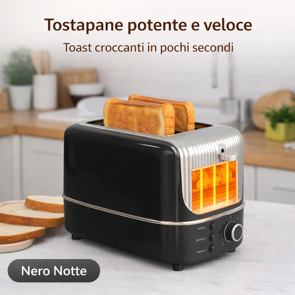 Tostapane a 2 fette nero con slot illuminato e toast dorato sollevato