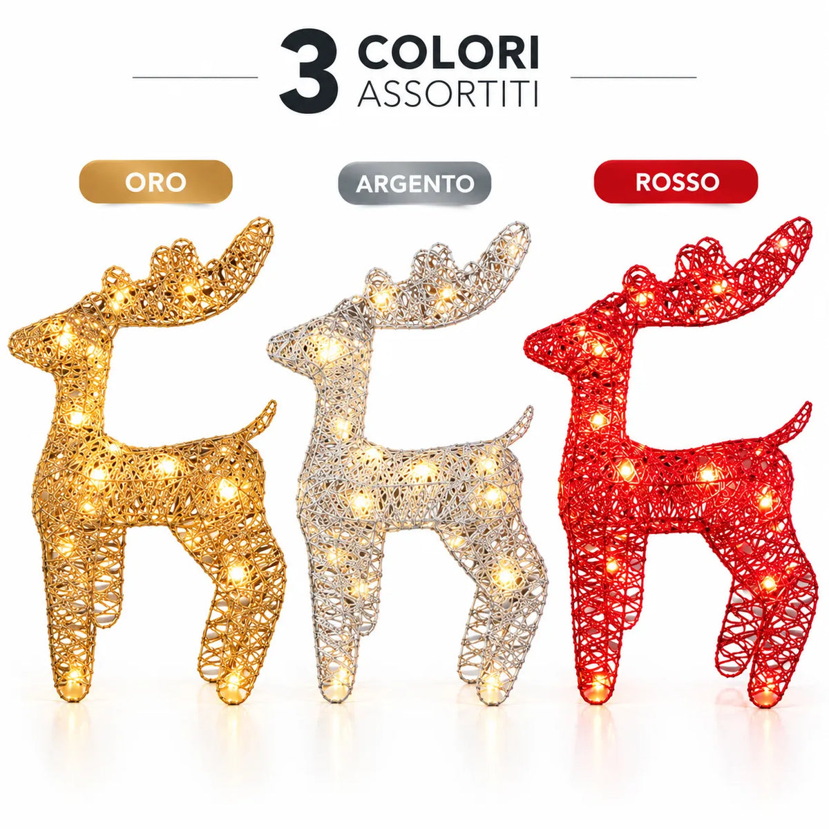 Renna natalizia decorativa 30 cm con luci LED: oro, argento e rosso