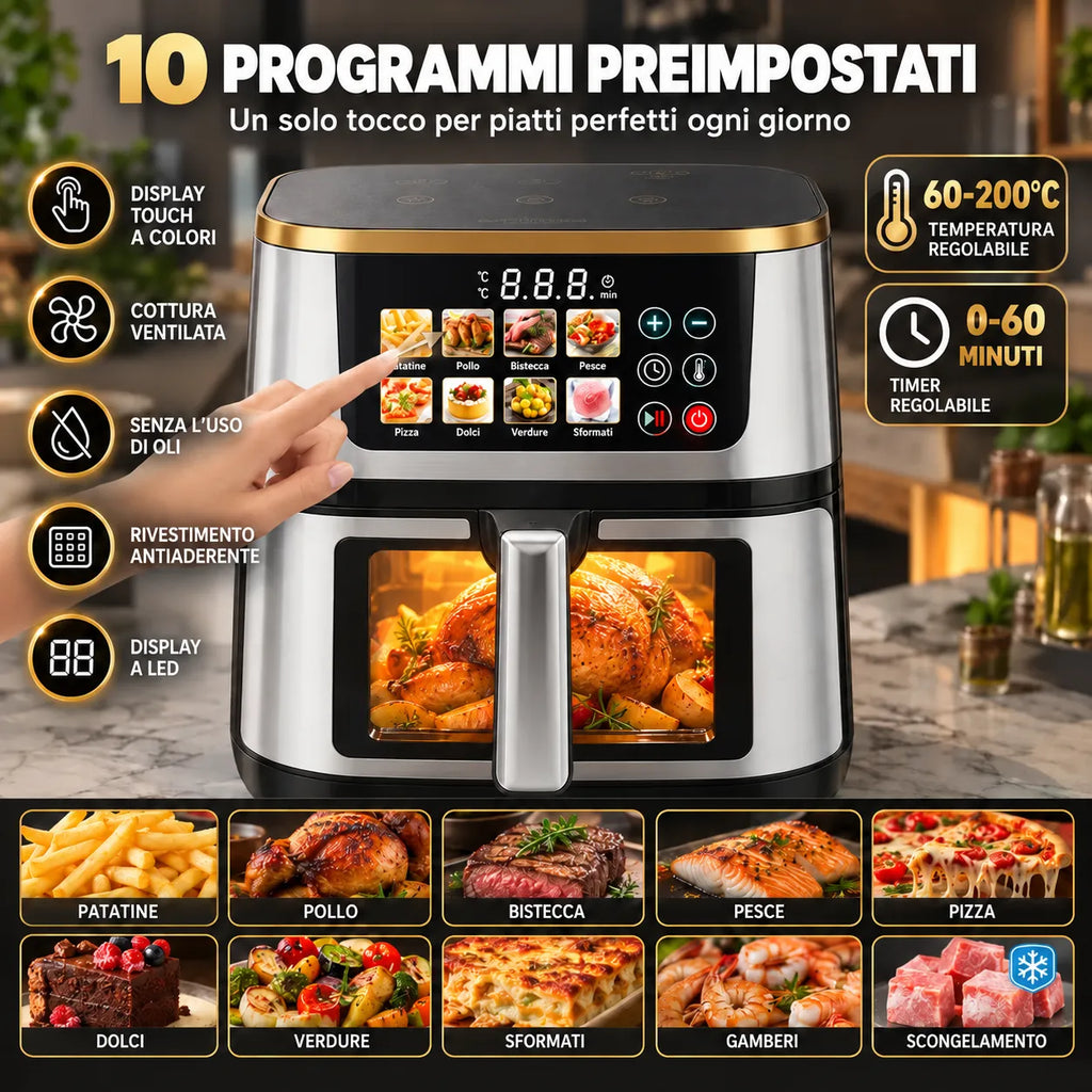 Friggitrice ad aria da 15 L con 10 programmi preimpostati e finestra di cottura