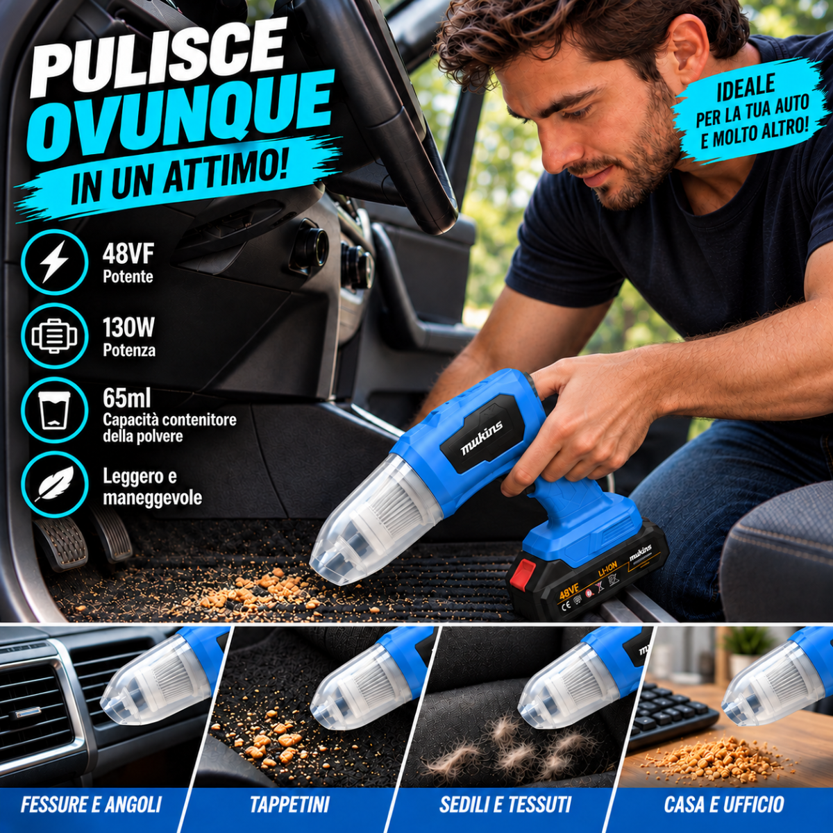 Aspirapolvere portatile blu in mano con ugello per pulizia superfici imbottite