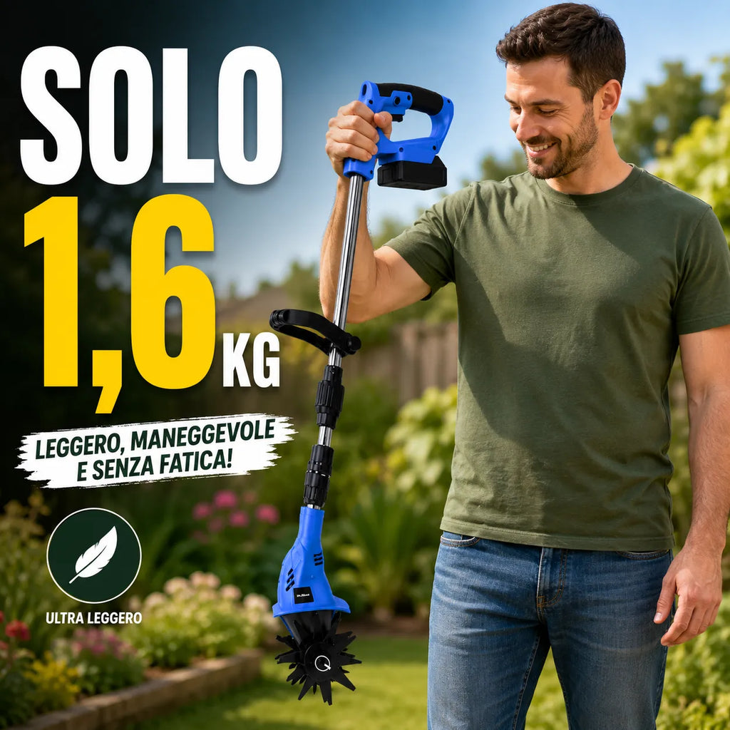 Micro coltivatore cordless leggero, asta verticale e rotore per arieggiare il terreno