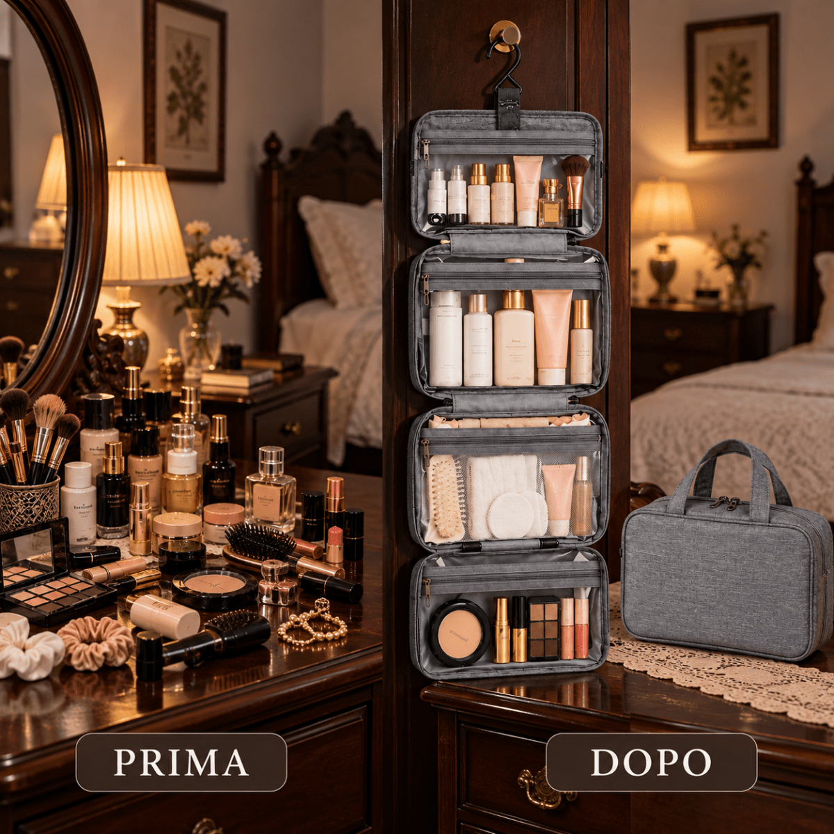 Beauty Case da Viaggio Porta Cosmetici Impermeabile con 4 Scomparti, Gancio per Appendere, Manico e Tasche Organizer - | Prendilo Subito