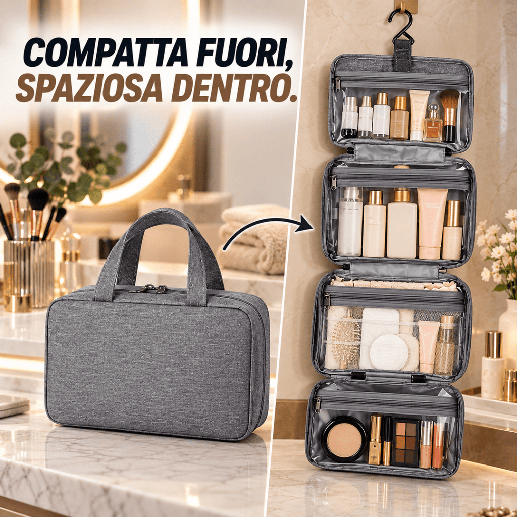 Beauty Case da Viaggio Porta Cosmetici Impermeabile con 4 Scomparti, Gancio per Appendere, Manico e Tasche Organizer - | Prendilo Subito