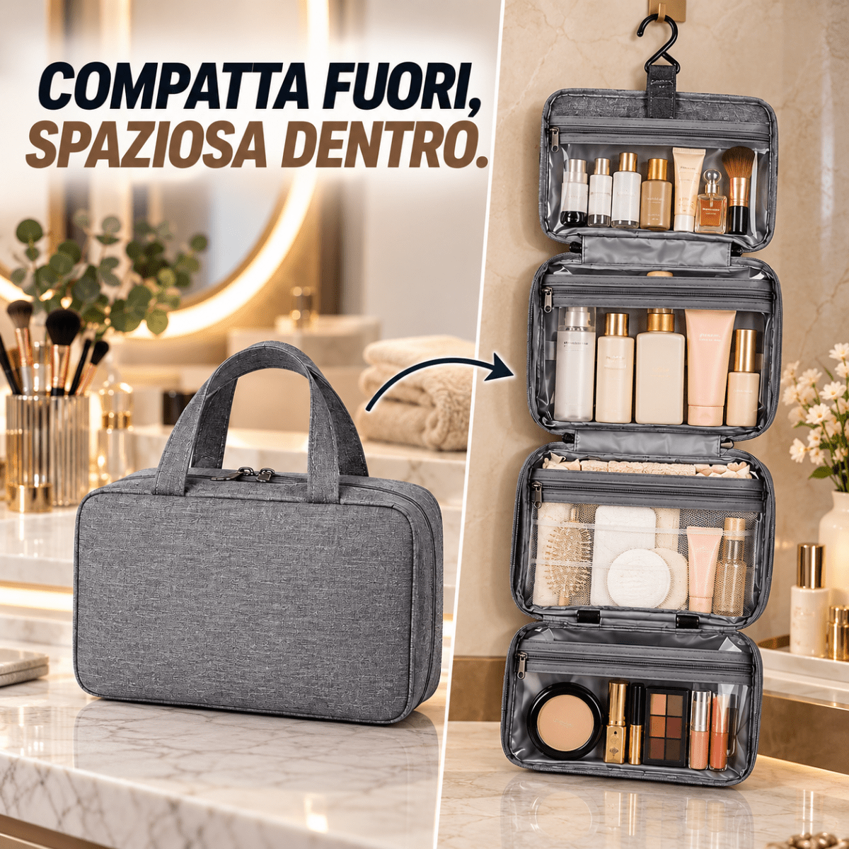 Beauty Case da Viaggio Porta Cosmetici Impermeabile con 4 Scomparti, Gancio per Appendere, Manico e Tasche Organizer - | Prendilo Subito