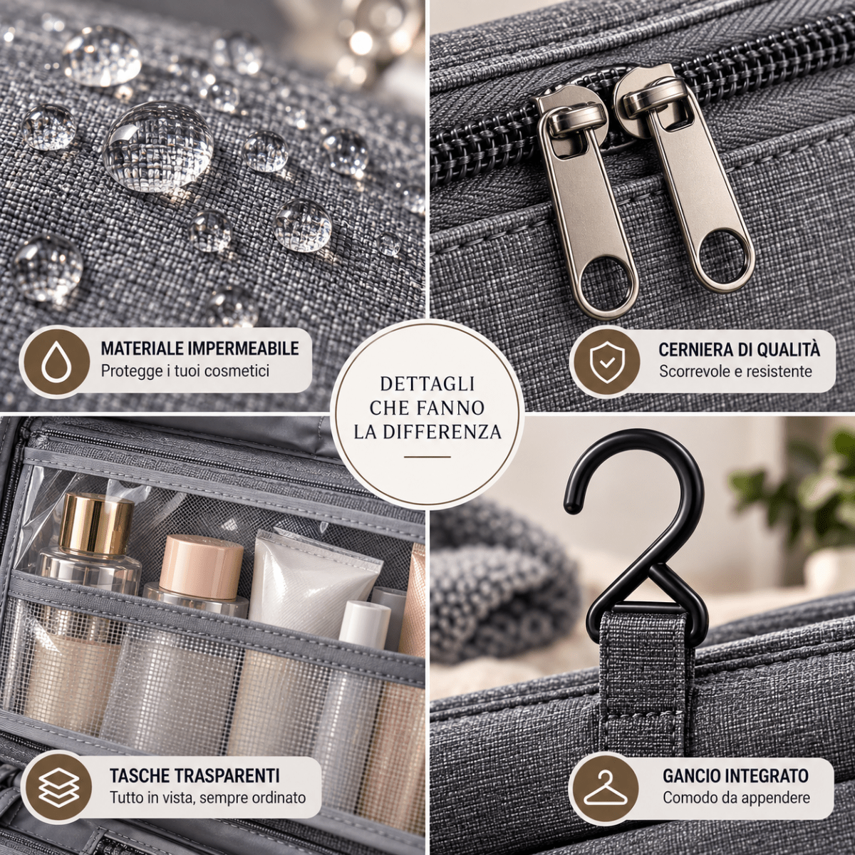 Beauty Case da Viaggio Porta Cosmetici Impermeabile con 4 Scomparti, Gancio per Appendere, Manico e Tasche Organizer - | Prendilo Subito