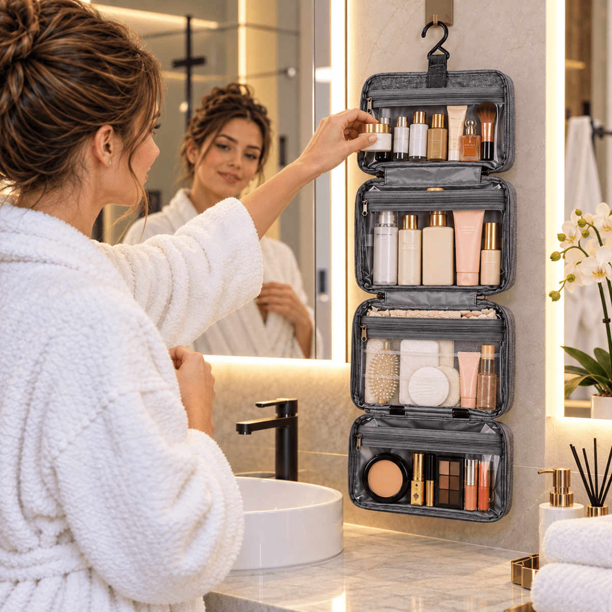 Beauty Case da Viaggio Porta Cosmetici Impermeabile con 4 Scomparti, Gancio per Appendere, Manico e Tasche Organizer - | Prendilo Subito